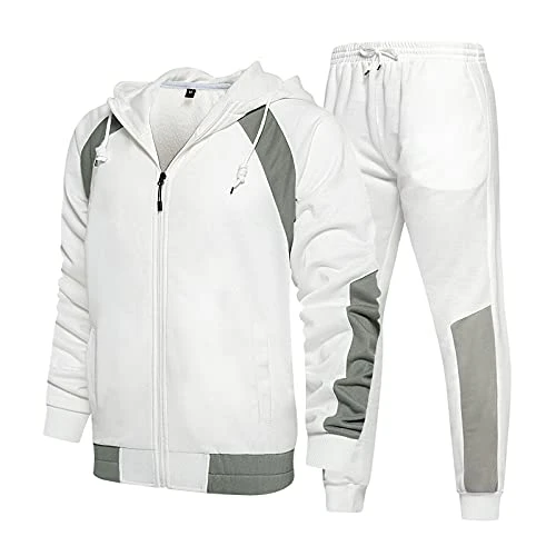 2-piece men's 2-piece set with long sleeves, O neck, pyjamas, men's fleece, White, M