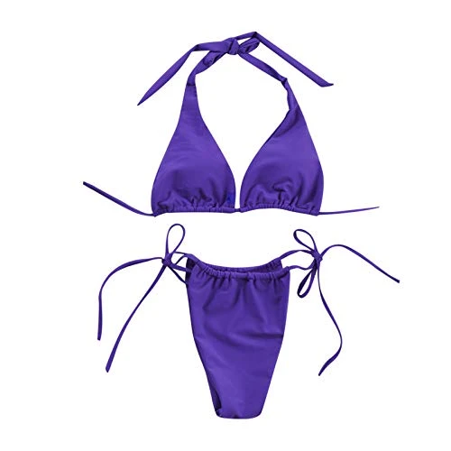 2 Piece Sports Swimming Costume Women, Two Pieces Bikini Top Athletic Swimsuit for Women Women's Sexy Halter Thong Bikini Tie Two Sides Bottom Triangle Bikini Swimsuits Sale Clearance Purple
