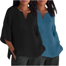 2 Pieces 3/4 Sleeve Tops for Women UK Plus Size 8-22 Sale Elegant Casual Ladies Blouses Plain Linen Shirts Casual Dressy Tunic Top Comfy Trendy Work Office Blouses Pullover