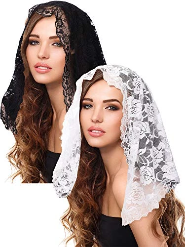 2 Pieces Floral Lace Veils Head Covering Latin Mass Mantilla Veils Short Scarf for Bridal Women, As the Pictures Shown, Large