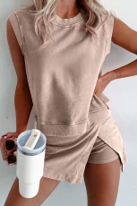 Pieces Mineral Wash Cotton Tank Top Lined Split Skirt Co-ord Set moke Gray / / 100%Cotton