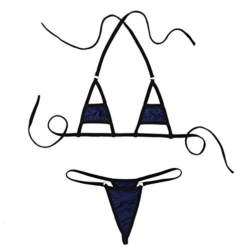 2 Pieces Women's Sexy Extreme Bikini Set Halter Triangle Bra with Micro G-String Swimwear Navy Blue One Size