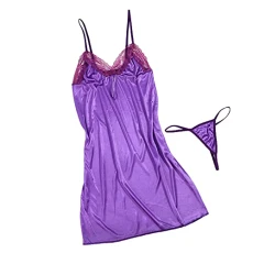 2 Pieces Women's Sexy Hot Satin Deep Sling V-Neck Pyjamas with Adjustable Straps, Soft, Comfortable, Bathrobe, Elegant Mini Straight Dress, Bathrobe, Large Size, purple, One size