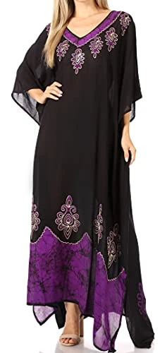 2005 - Leonor Women's Boho Casual Long Maxi Caftan Dress Kaftan Cover-up LougeWear - 8-Eggplant - OS