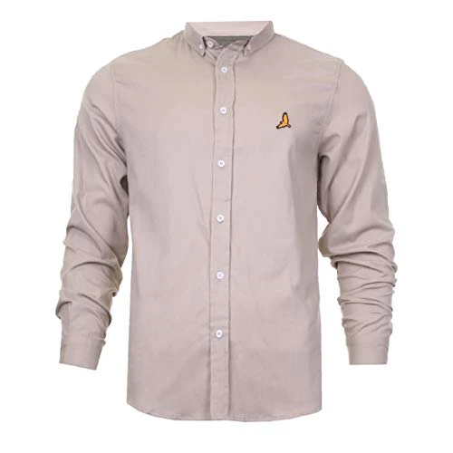 200587-Stone-69Gray-S-Mens Long Sleeve Twill Cotton Shirt Button Down Collar Eagle Chest Embroidery