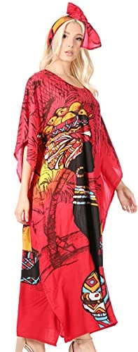 2014 - Mera Women's Long Loose Short Sleeve Summer Casual Caftan Kaftan Dress - KAF1013-Red - OS