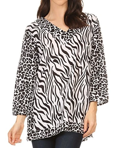 20164 - Lucie Long Sleeve Printed V-Neck Blouse Top Tunic - White/Black - S