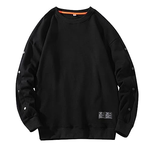 2023 Autumn Winter Crew Neck Trend Thin Fashion Button Long Sleeve T-Shirt Loose Casual Men's Hoodie 18 Pullover Men, black, L