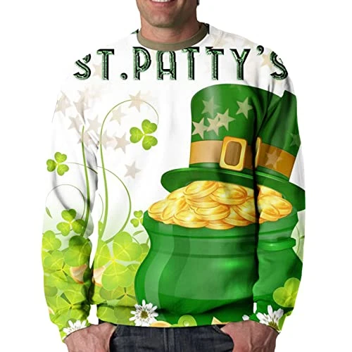 2024 Sweatshirts for Men Casual Funny Irish Clovers Round Neck Cloth Long Sleeve St. Patrick's Day C