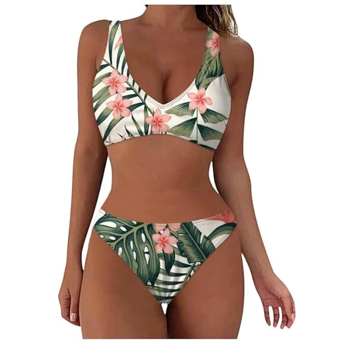 2024 Women's Bikini Set Bikini Cute Girl Style Backless Sexy Underwear T Shirt Black Bikini Top Push Up Bikini Plus Size V Neck Y2K Bikini High Waist Bikini, Green B, L