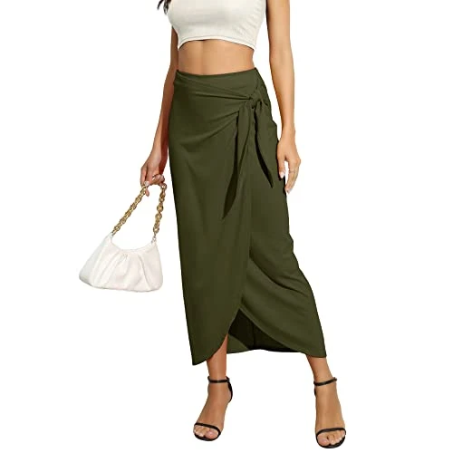 2024 Women's High Waisted Maxi Skirt - Draped Pleated Skirt for Casual Outfits（X-Large,Army Green）