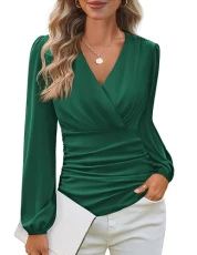 2025 Womens Tops Elegant Wrap Blouse V Neck Work Shirts Long Sleeve Dressy Casual Ruched Top, Dark Green, XXL