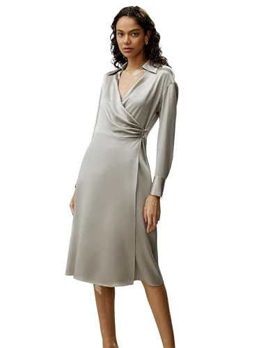 22 Momme 100% Mulberry Silk Wrap Dress Collared Formal Midi Length Formal Style Timeless Dress for Ladies Silvergray, UK16