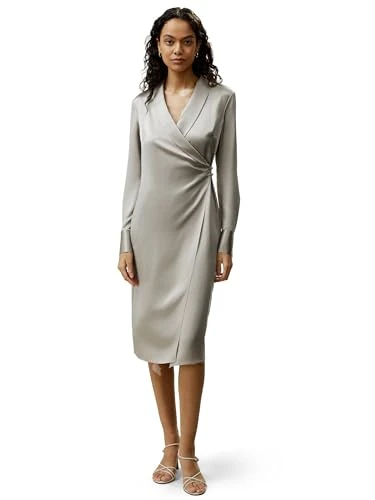 22 Momme 100% Mulberry Silk Wrap Dress for Women V Neck Formal Shawl Collar Wrap at Waist Midi Length Silvergray, UK14
