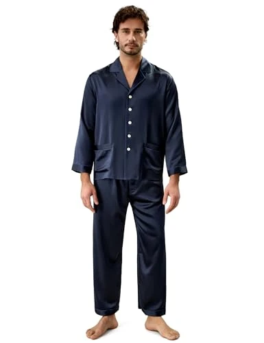 22 Momme Long Silk Pyjamas Set for Men Full Length 100% Mulberry Silk Sleepwear Button Down Pjs Navy Blue Size 38/M