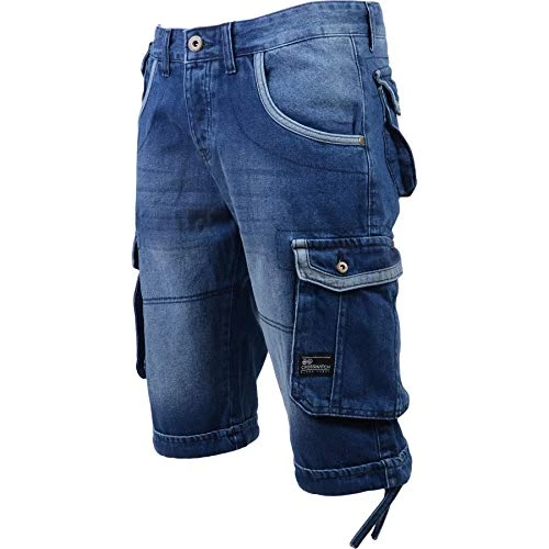 2k19Jan New Mens Denim Short Combat Casual Cargo Multi Pockets AW2019[Mid Wash,32" Waist]
