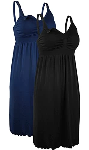 2Pack Women's Maternity Nursing Dress Built in Bra Nightdress for Breatfeeding Black+Deep Blue Size M