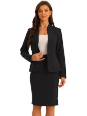 2pc Business Sets for Women's Collarless Blazer and Formal Pencil Skirt Suit Black S