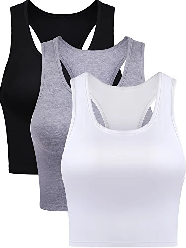 3 Pieces Crop Tops for Women, Workout Tops Basic Cropped Tank Tops Sleeveless Racerback Sports Gym Crop Tank for Teen Girls (Black, White, Grey, Small)