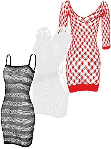 3 Pieces Fishnet Dresses Mesh Lingerie Fishnet Hollow Fishnet Sleepwear for Women Favor (Black, White, Red)