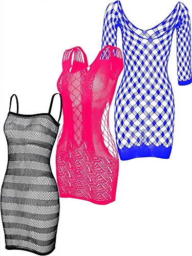 3 Pieces Lingerie Fishnet Sleepwear Fishnet Dress Fishnet Hollow for Women Favor (Black, Rose Red, Blue)