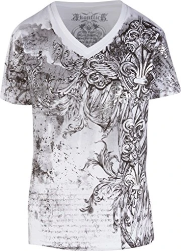 327V Vines and Fleur De Lis Metallic Silver Embossed V-Neck Mens T-Shirt - White/Medium