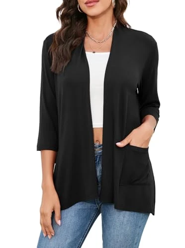 3/4 Sleeve Cardigans for Women Lightweight Fall Open Front Casual Wrap Cover Up(Medium,Black)