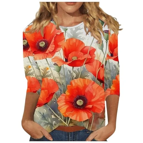 3/4 Sleeve T Shirts for Women UK Elegant Crew Neck T-Shirts Trendy Floral Print Tunic Blouse