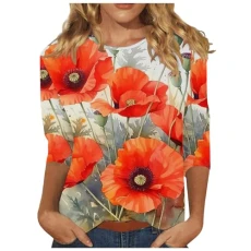 3/4 Sleeve T Shirts for Women UK Elegant Crew Neck T-Shirts Trendy Floral Print Tunic Blouse