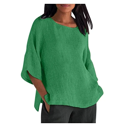 3/4 Sleeve Womens Tops Summer Large Size Cotton Linen Loose Tops Ladies T-Shirts Plain Overs