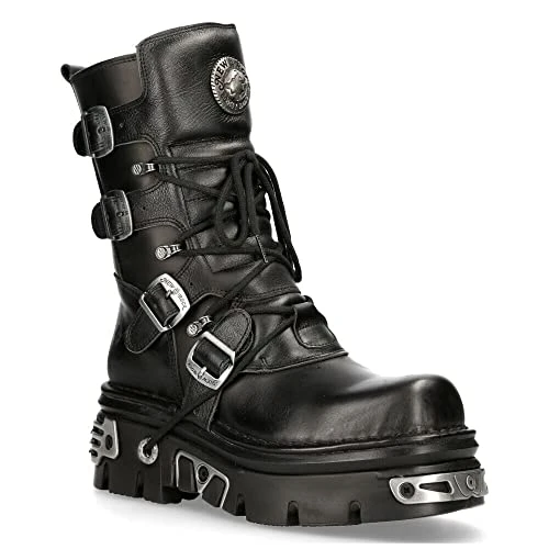 373-S4 Metallic Black Leather Gothic Mid Calf Punk Goth Boots with Lace up and Buckle Fastening 10