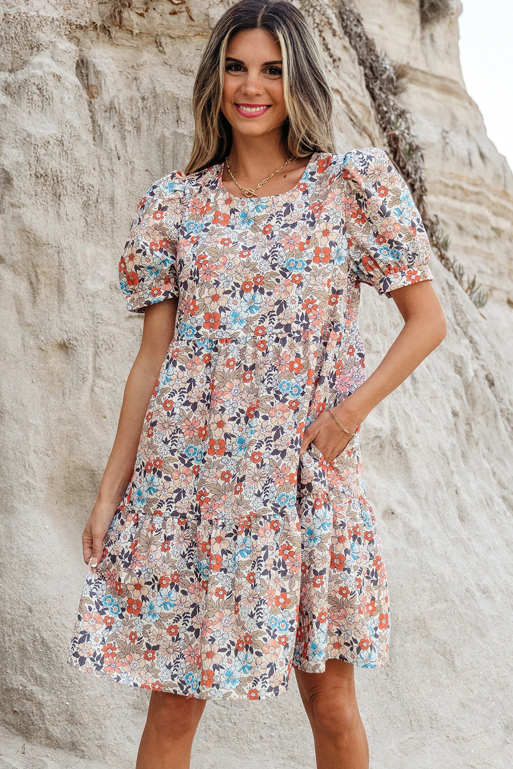 Apricot Bohemian Floral Print Short Puff Sleeve Mini Dress - Apricot / S / 100%Polyester