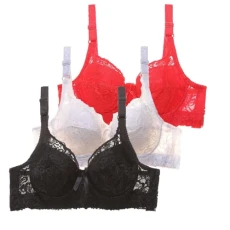 3Pcs Floral Lace Bras for Women Ladies Bras Non Wired Full Support Adjustable Straps Womens Everyday Bra Soft Breathable Push Up Underwear Seamless Women Sports Bras Red
