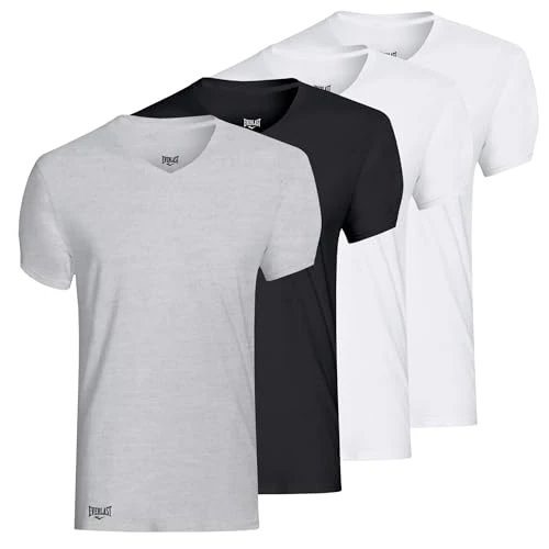 4-Pack Men's Essential V-Neck Undershirts – Breathable, Tagless, Cotton Mens T Shirt, Grey/White/Black, S