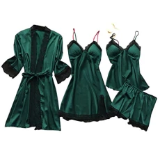 4 Pieces Faux Silk Nightgown, Pyjama Trousers, Costume, Women Nightgowns Lace Bathrobe Satin Dressing Gown Kimono Sexy Underwear Elegant, Green Army, M