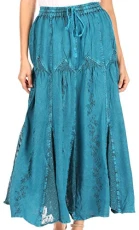 4484 - Olivia Womens Maxi Bohemian Gypsy Long Skirt with Elastic Waist and Lace - Turquoise - OS