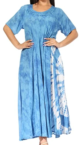 482103 - Marcela Women's Casual Summer Maxi Short Sleeve Boho Dress Kaftan Sundress - 522101-Blue - 