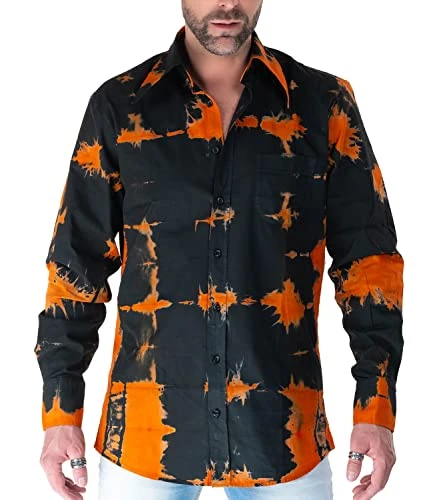 70s Style Batik Shirt Orange/Black Design - Men's Long Sleeve Casual Tie Dye Shirt with Large Collar