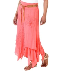 7844-COR-18 Women Zig Zag Hem Lace Insert Maxi Skirt, Coral, 18
