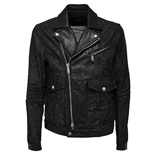 9831Q Giubbotto Uomo  D2 chiodo Jeans Pelle Jacket Men [50] Nero