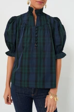 Green Stripe Plaid Puff Sleeve Frilled Trim Elegant Blouse - Green Stripe / XL / 100%Polyester