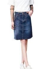 A-Line Jean Skirt Knee Length Midi Denim Skirts for Women Dark Blue 12