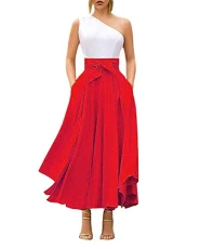 A-Line Women's Elegant Irregular Vintage Retro Swing High Waist Pleated Maxi Skirt - Red - XL