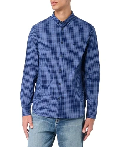 A | X  Men's Long Sleeve Small Check Button Down Shirt. Regular Fit, Blue Small Checks, XXL