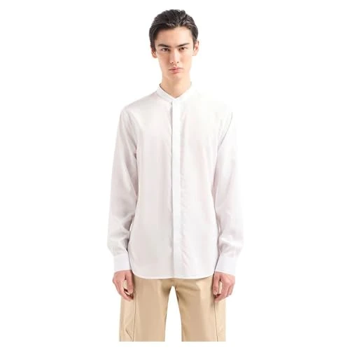 A | X  Men's Long Sleeve Stand Collar Button Down Shirt. Regular Fit, White, Medium