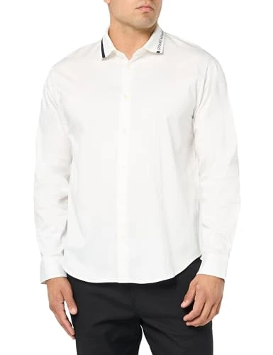 A | X  Men's Stretch Long Sleeve Logo Collar Button Down Shirt, Off-white, Medium