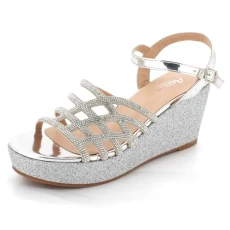 AARZ LONDON Women Ladies Diamante Evening Party Casual Comfort High Wedge Heel Caged Sandals Silver