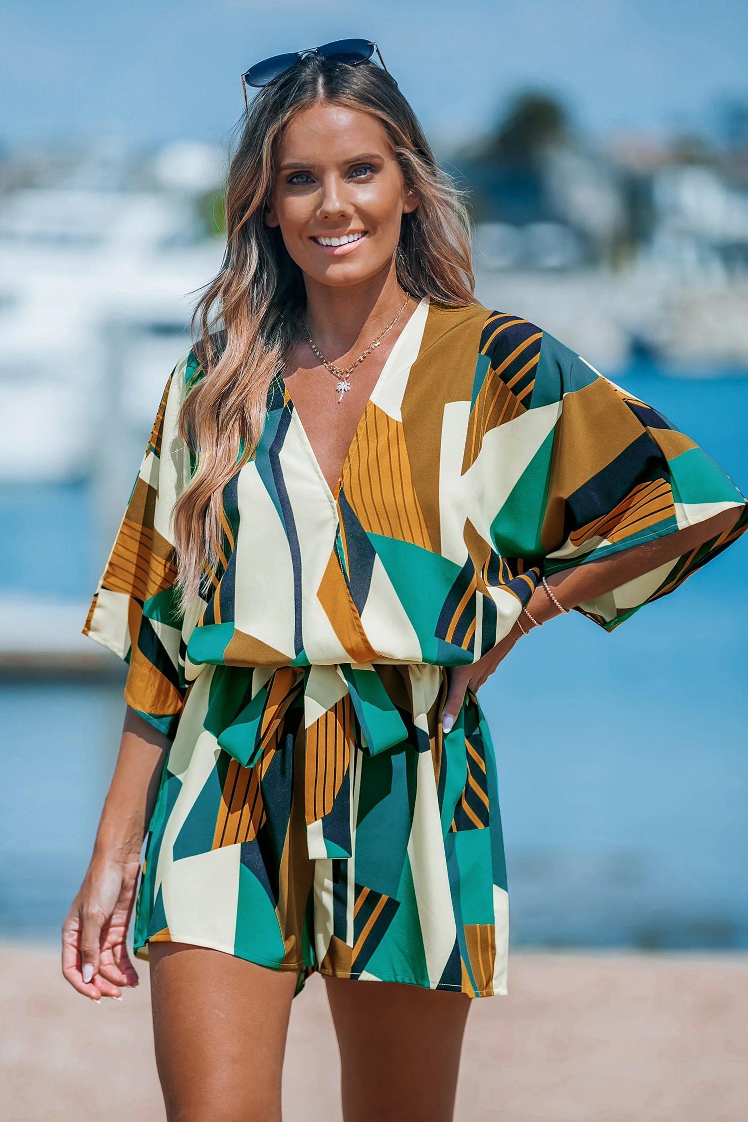 Abstract Geo Dolman Straight Leg Playsuit - Green