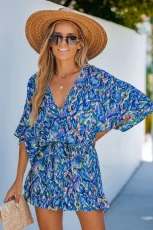 Abstract Print Drawstring Romper - Blue