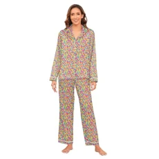 Abstract Stylish Rainbow Women's Satin Pyjamas Set Long Sleeve Button Down Sleepwear XL